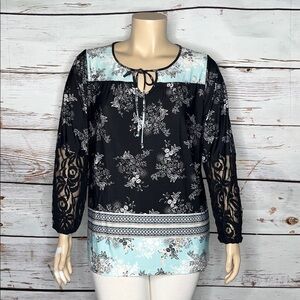 Lee Size 1X Floral Print - Black Lace Long Sleeve Keyhole Peasant Blouse Top